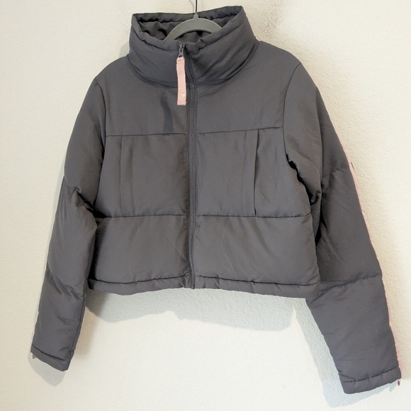 Gymshark Grey Oversized Cropped High Neck Full Zip Canvas Puffer Jacket - Picture 5 of 12